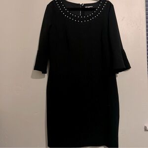 Karl Lagerfeld Black Dress w/ Faux Pearl Neckline, 3/4 Bell Sleeves Sz 16